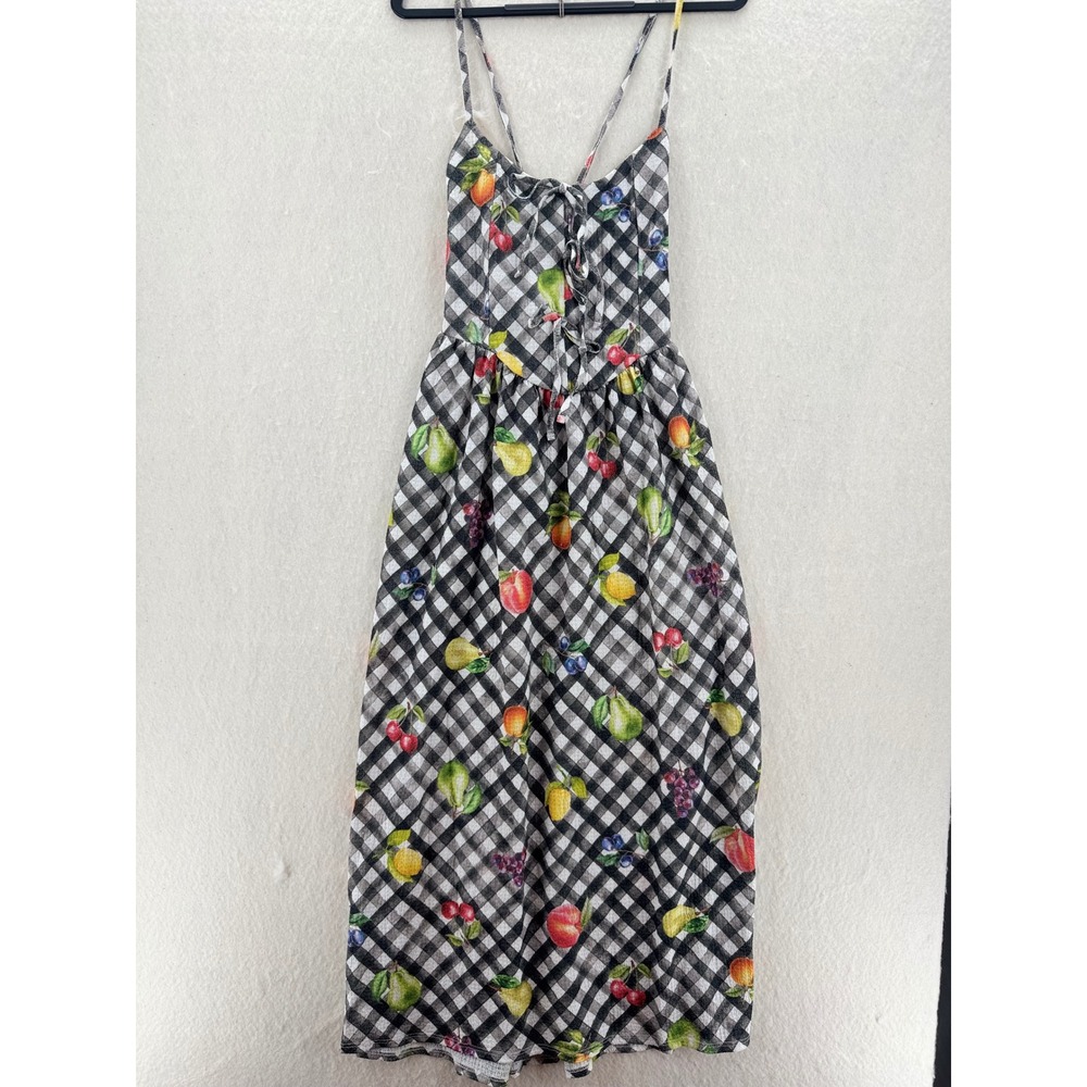Unbranded - Midi Dress Gingham Fruit Print Lace Up - Black - M - Women